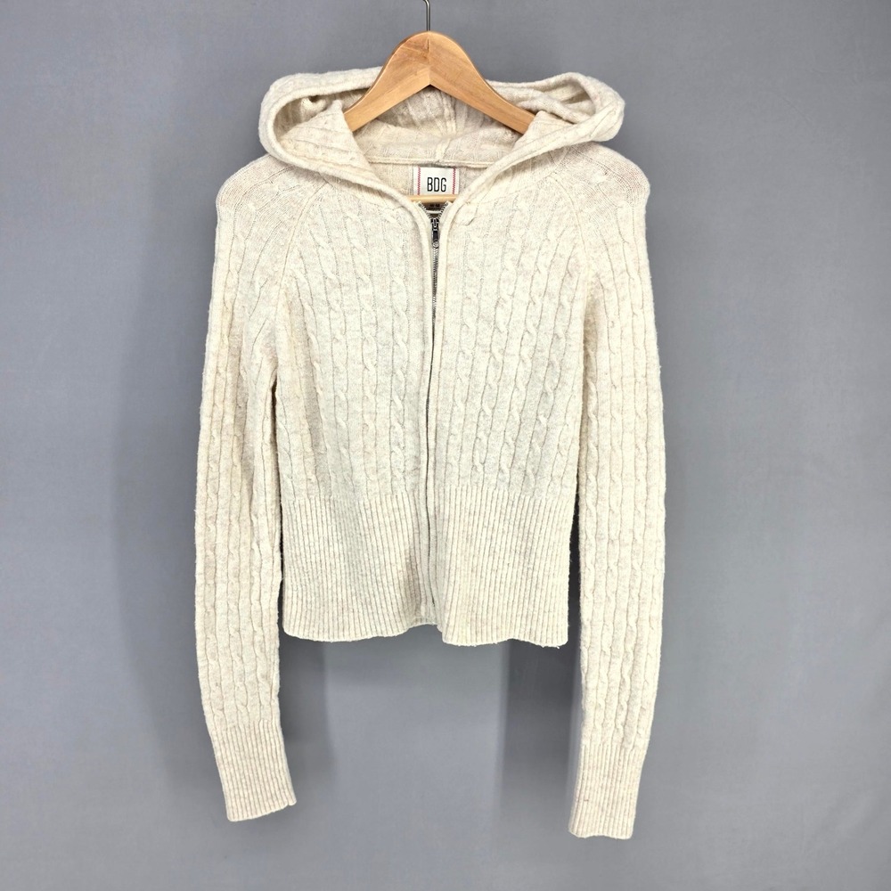 BDG Cable Knit Hoodie Womens Medium Cream Zip Up Sweater Urban Outfitters Y2K